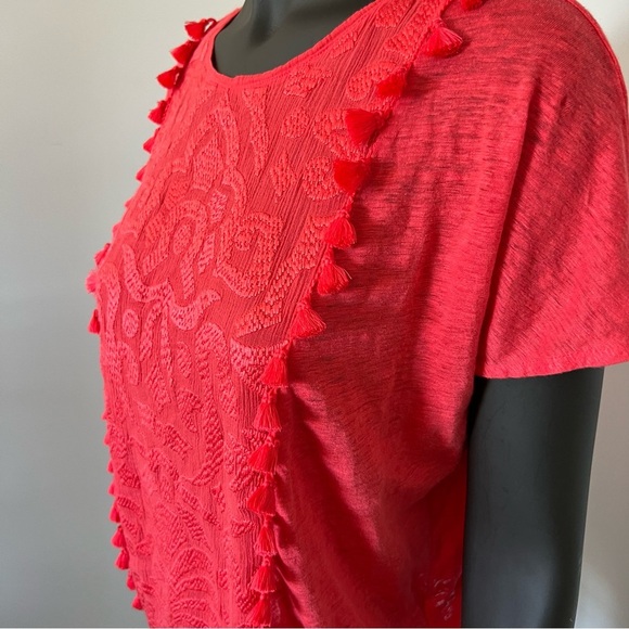 🌿 J.Crew Red Embroidered Front Linen Tee - Size S - Picture 2 of 8